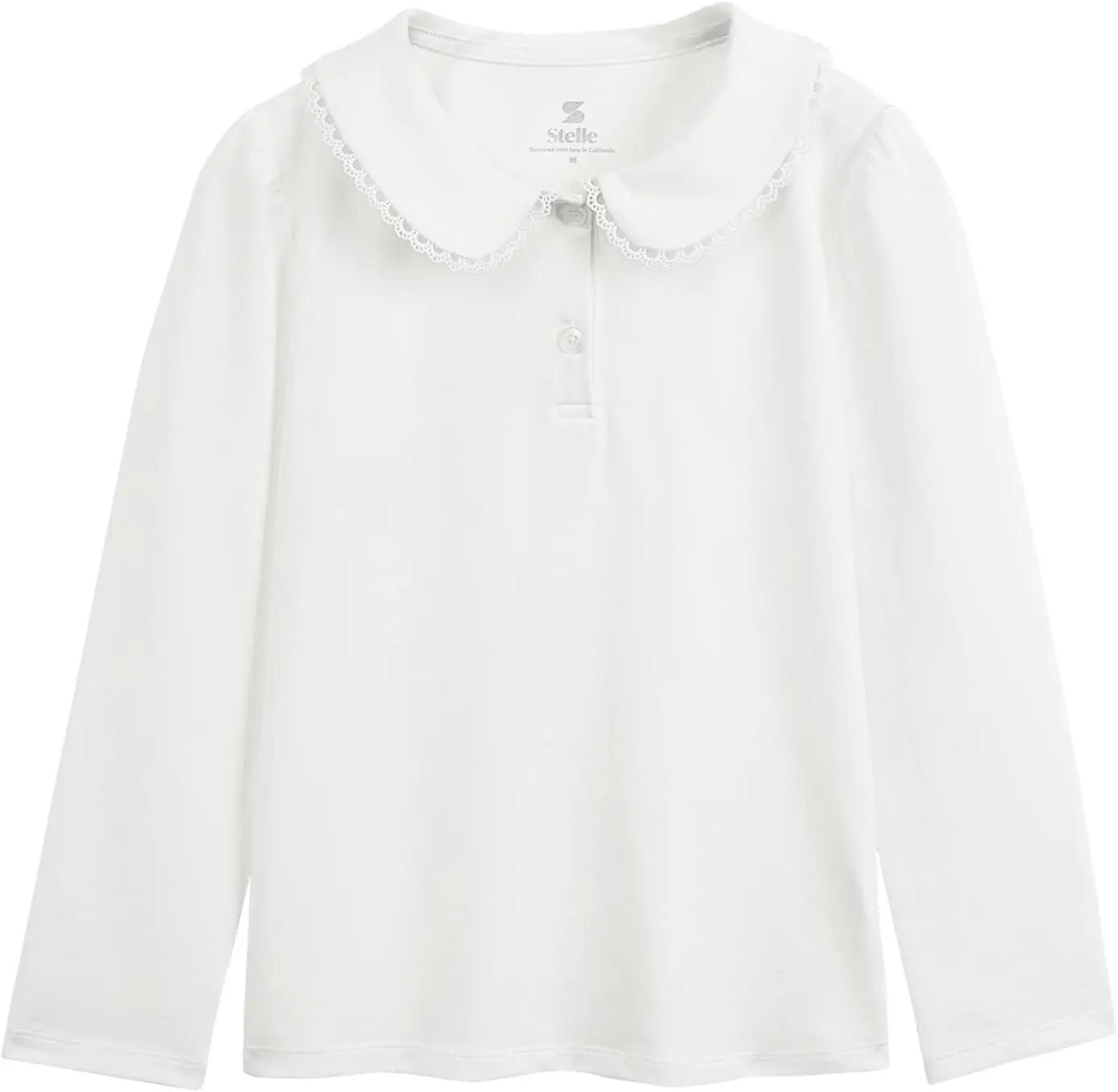 Girls' Long Sleeve Peter Pan Collar Button Down Shirt - School Uniform Top, Puff Sleeves, Lace Trim, Cotton-Blend, Solid-Color White Blouse, Classic Cut, Lightweight, Breathable Kids' Clothing