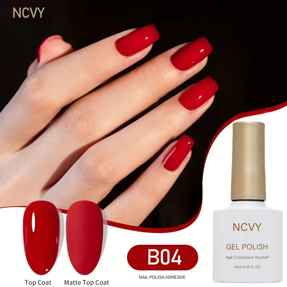 NCVY Red Gel Nail Polish, Top Gel, Gel Top Coat UV, 10ml/0.35oz Nail Polish, long-lasting formula with LED curing, salon quality Nail Art Manicure, perfect for DIY at home, ideal gift for Valentine's Day and spring/summer, safe formula free of HEMA