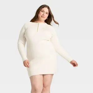 Women's Long Sleeve Mini A-Line Dress - Universal Thread Cream 1X
