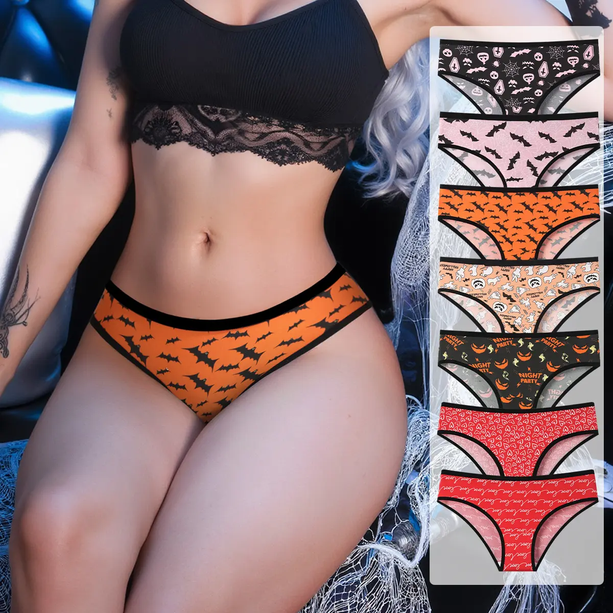 Hotcom Women's Plus Size 7pcs Gothic Halloween Contrast Hipster Panties - Lady-Fit Goth Clothes, Allove Print Comfy Style Intimates Briefs, Mixed Color Everyday Wear Underwear & Lingerie summerwins,summerwins