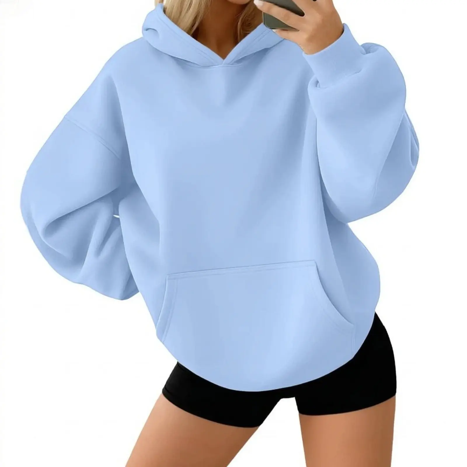 Women's Oversized Fleece Pullover Hoodie with Pocket - Minimalist Casual Fall Womenswear, Sweatshirts Available in Light Gray, Yellow, Sky Blue, Black, Pink, Light Green (Sizes S-2XL)