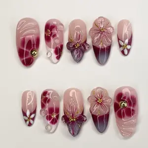 Elegant Floral Press-On Nails | Handcrafted Pink - Burgundy Gradient |3D Flowers - Rhinestone Accents| Perfect for Special Occasions