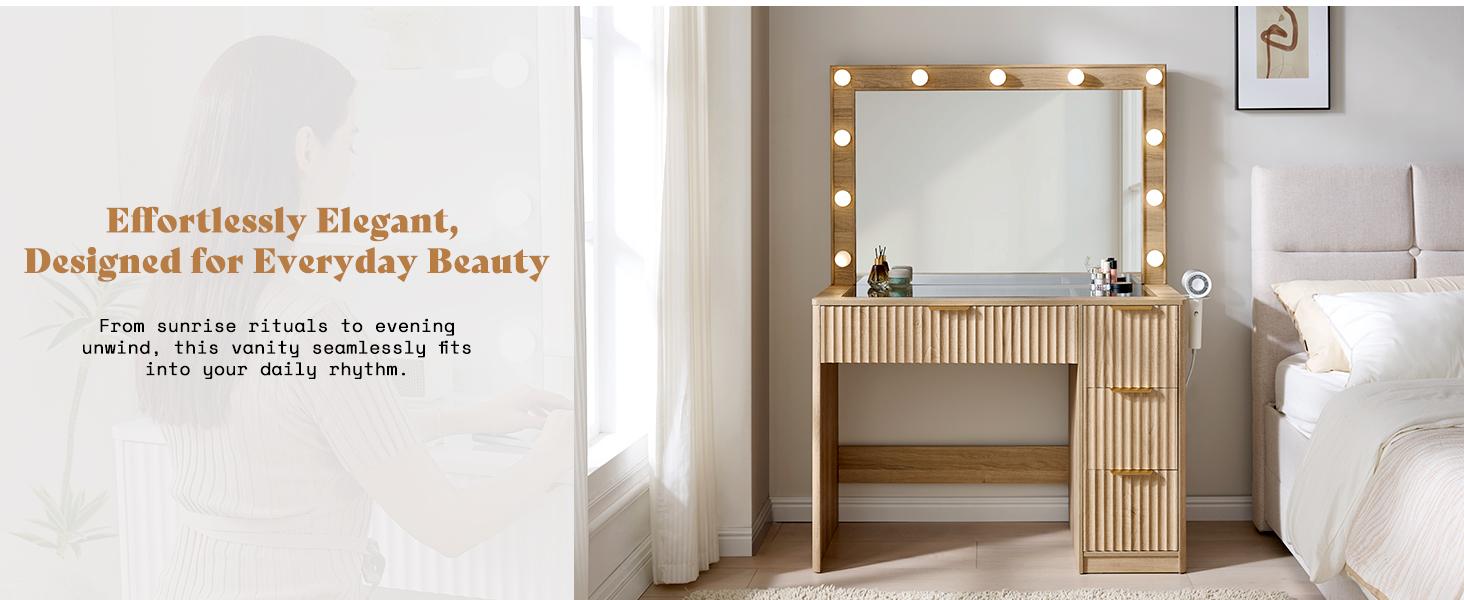 AMERLIFE 36.2/47.2" Fluted Vanity Desk with Mirror and Adjustable LED Lights, Large 4/7 Drawers Makeup Table with Glass Top and Charging Station for Women and Girls, Bedroom or Dorm/Best Gift Ideas/Christmas Gifts