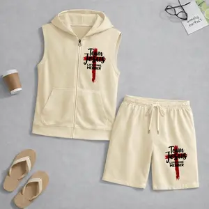 Men's Team Jesus Lifetime Member Graphic Sleeveless Hoodie Shorts Set 2 Piece Outfit Christian Faith Print Zip Up Hooded Vest Drawstring Shorts Summer Casual Gym Workout Streetwear Breathable Lightweight Athletic Lounge Set