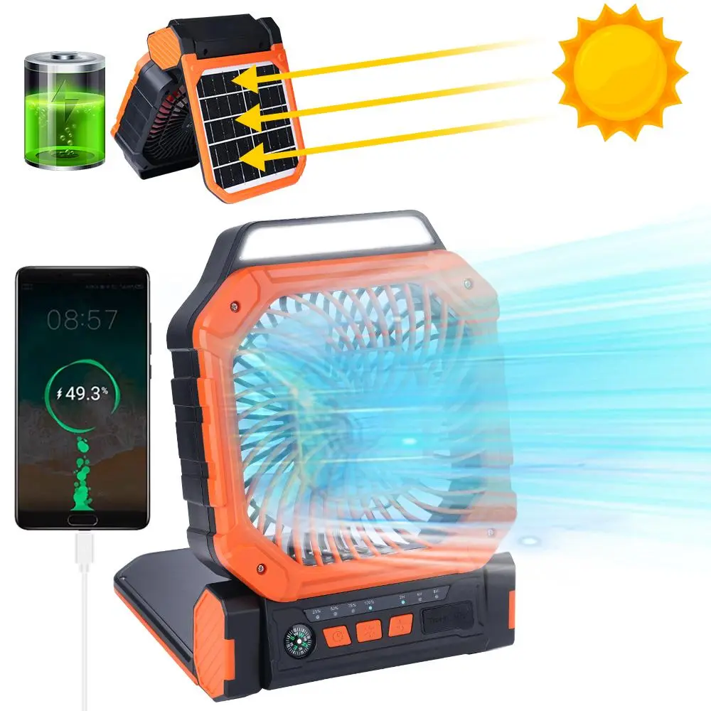 Portable Solar Powered Fan, Fans Solar Power, 4-speed Adjustable Fan with LED Light, Multifunctional Cooling Fan, Rechargeable Fan for Outdoor Travel & Home Use, Outdoor Camping Fan