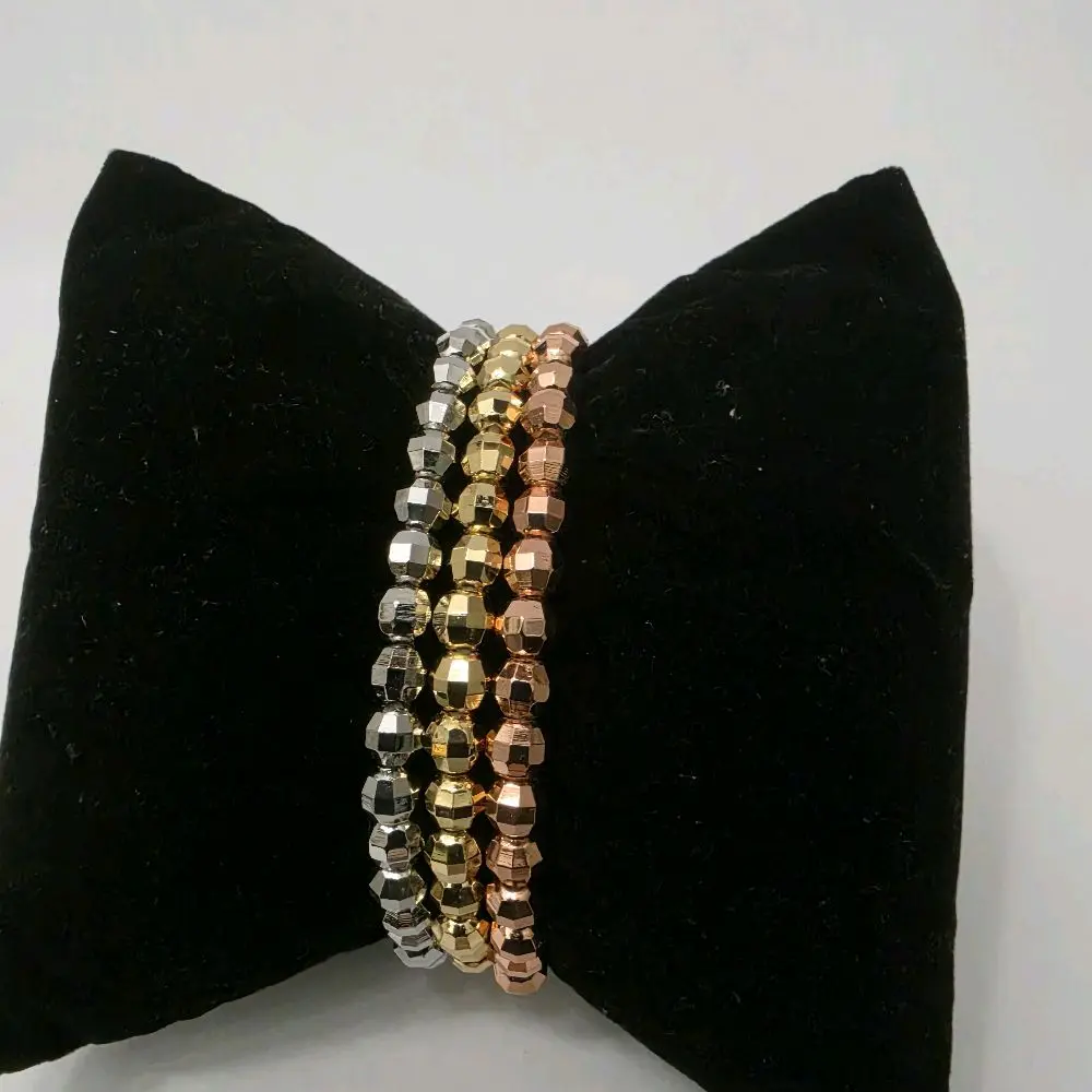 18K Gold Plated 3 in 1, 3 Tone  Elastic Big Beaded Bracelet "Diamondcut"