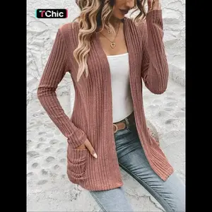 Women's Plain Pocket Open Front Cardigan Coat, Casual Long Sleeve Cardigan for Daily Wear, Ladies Clothes for All Seasons