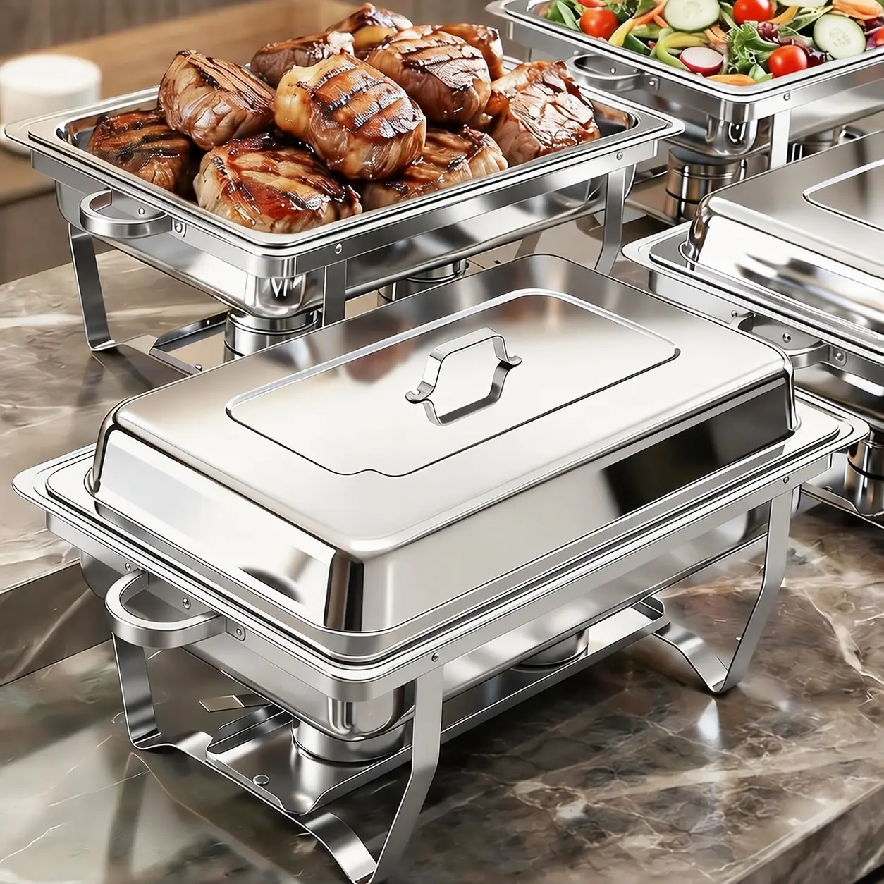 8qt Detachable Sturdy Metal 4-Piece Stainless Steel Chafing Dish Set with Lids, Serving Pans & Foldable Frames, Buffet Food Warmers for Catering, Weddings, Birthday Events