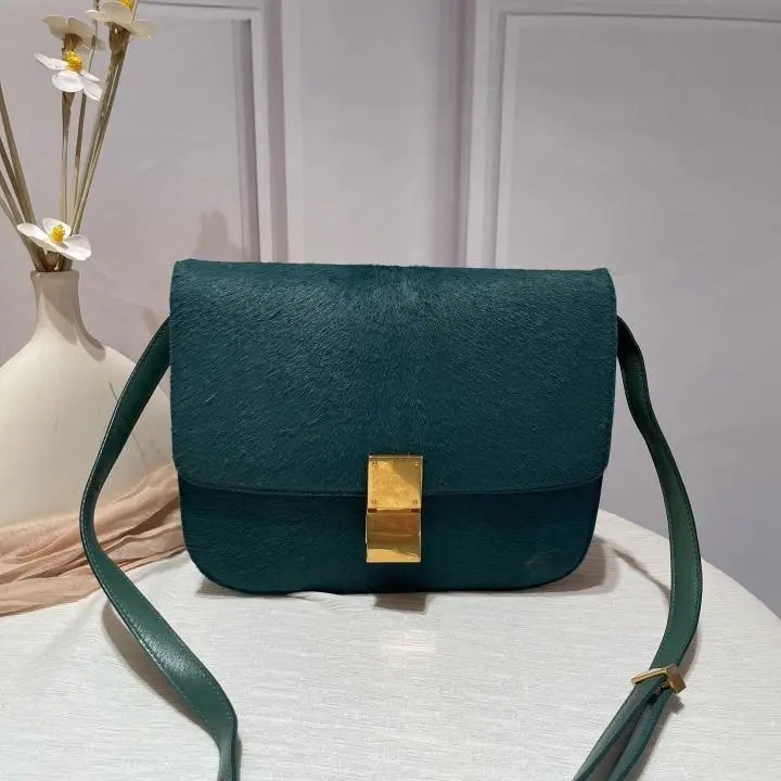 Pre-owned Celine Small Classic Box Bag in Green Pony Hair and Leather ZX206