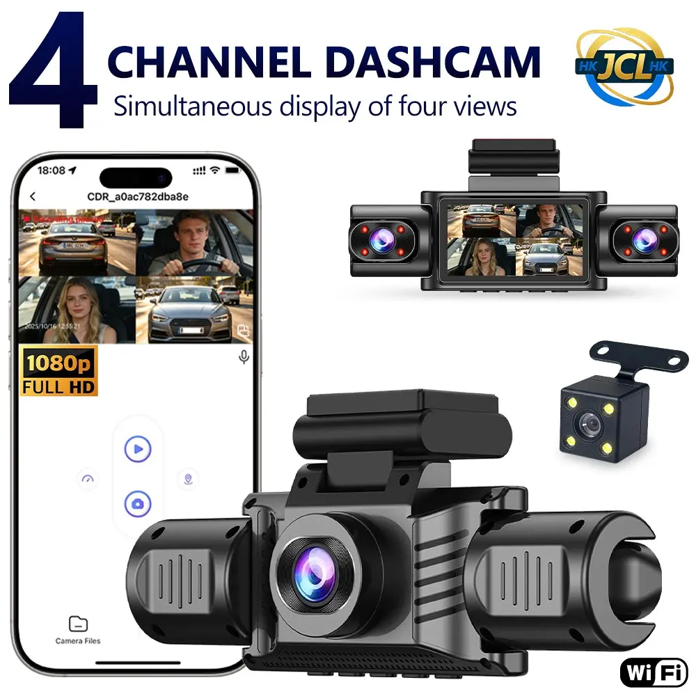 360° Panoramic 4ch Dash Cam with Wi-Fi, Night Vision, Wdr, 24/7 Parking Mode, 4 Wide-Angle Lenses for Cars and Trucks, Hd Car Camera