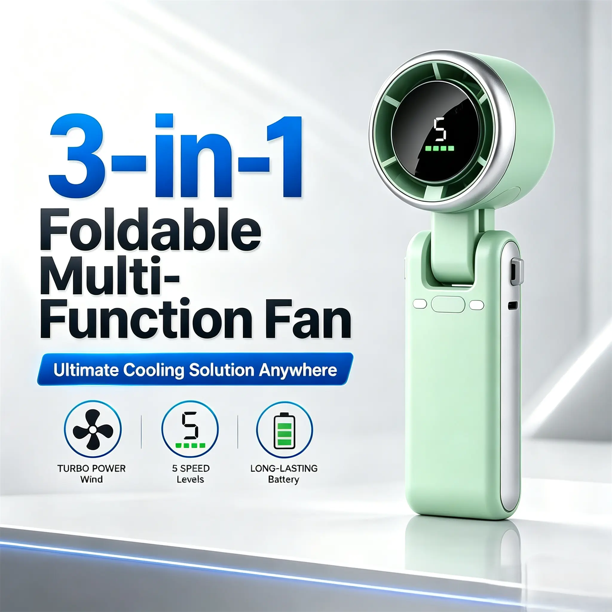 【MocaniUS】Mini Portable Handheld Fan - 5-Gear Wind, 3600mAh Rechargeable Batteries, USB Port, 3-in-1 Air Turbo Tech, Up to 10 Working Hours, Cordless Multifunctional Cooling Fan for Outdoor Activities, Travel