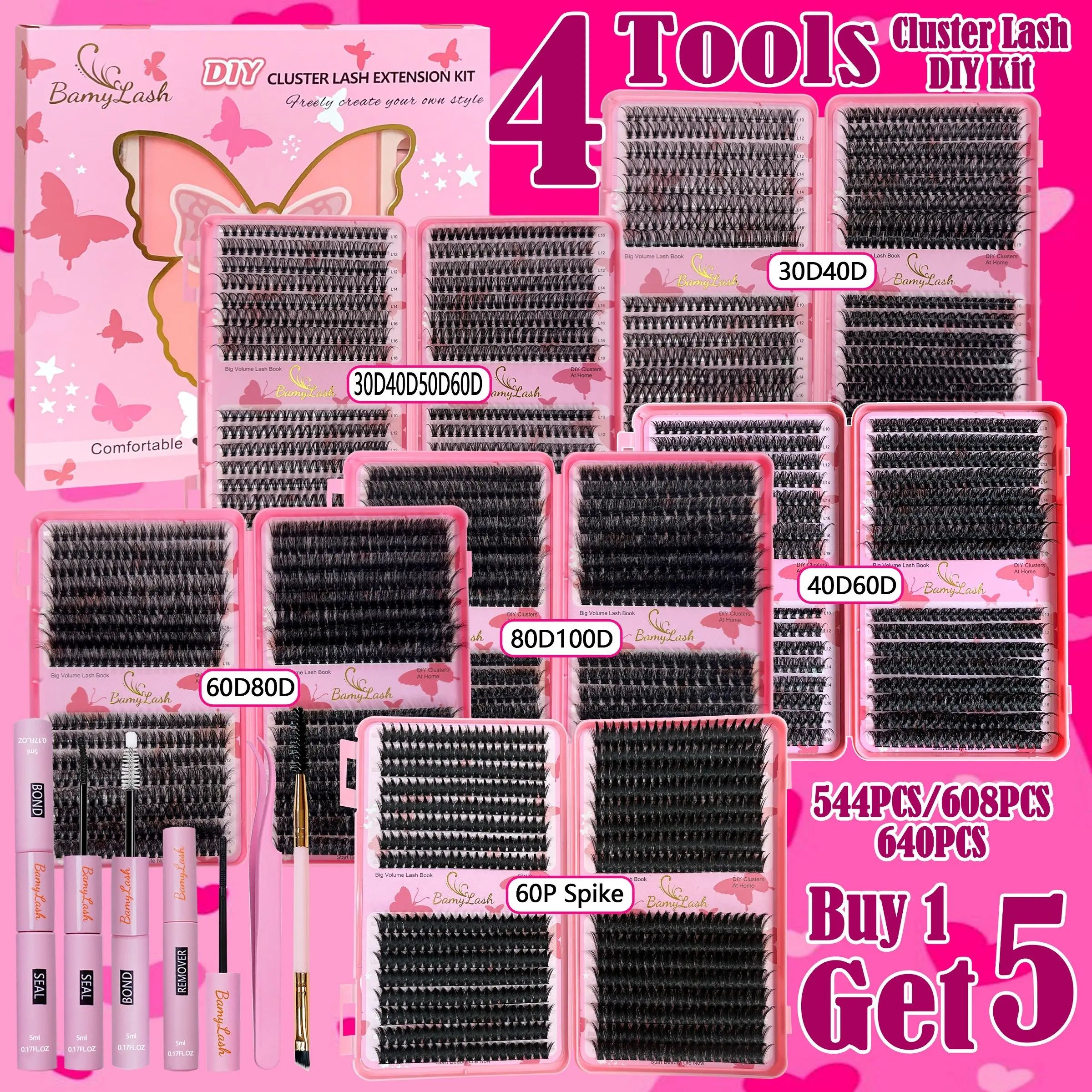 BamyLash 640/544pcs Lash Clusters Kit, Eyelash Extension Set, False Eyelashes Extensions, Solid Form 30D/40D/50D/60D Spike Eyelash Clusters Extensions for Beginners & Pros, DIY at Home with Bond and Seal Remover Brushes, Eyelash Extension Glue