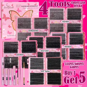 BamyLash 640/608/544pcs Lash Clusters Kit, Solid Form 30D/40D/50D/60D/80D/100D/60P Spike Eyelash Clusters Extensions with Everything You Need for Beginners and Proficient, DIY at Home Easily with Bond and Seal Remover Brushes, Eyelash Extension Glue