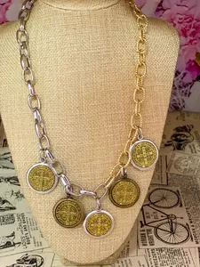 Medallion Saint Benedict Multi Charm Necklace - Mixed Metal