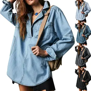 Goranbon Women's Denim Pullover Casual Notch V Neck Blouse Loose Fit Long Sleeve Jean Jacket with Pocket