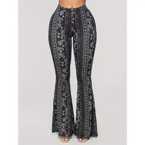 2025 New Fashion Paisley Print High Waist Bell Bottoms - Women's Flare Pants - 100% Polyester Knitted Fabric, All Season,  Comfort Fit Leg Womenswear Trouser Fitted Casual Comfy Stretch