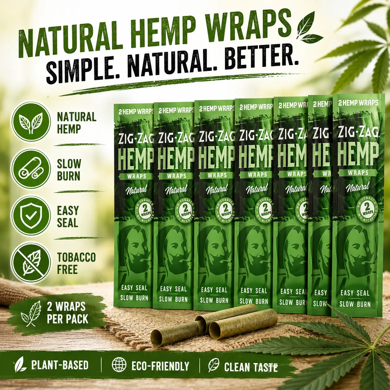 ZIG-ZAG Hemp Wraps 6-Pack - Natural (2 Wraps per Pack) 100% Natural Hemp, Slow-Burning Rolling Paper