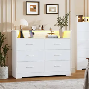 6 Drawer Dresser for Bedroom - 47.2” Wide Double Chest of Drawers with LED Light and Charging Station, Modern Large TV Stand Cabinet Organizer with Open Shelf for Living Room, Entryway, Hallway, White