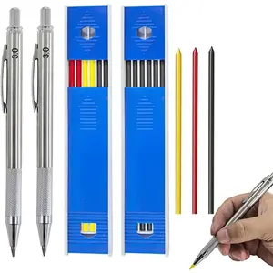 3.0mm Solid Mechanical Carpenter Pencils Set with Refills Woodworking Pencils Marker Marking Tools for Architect Construction(2pencil+2box lead) (silvery)