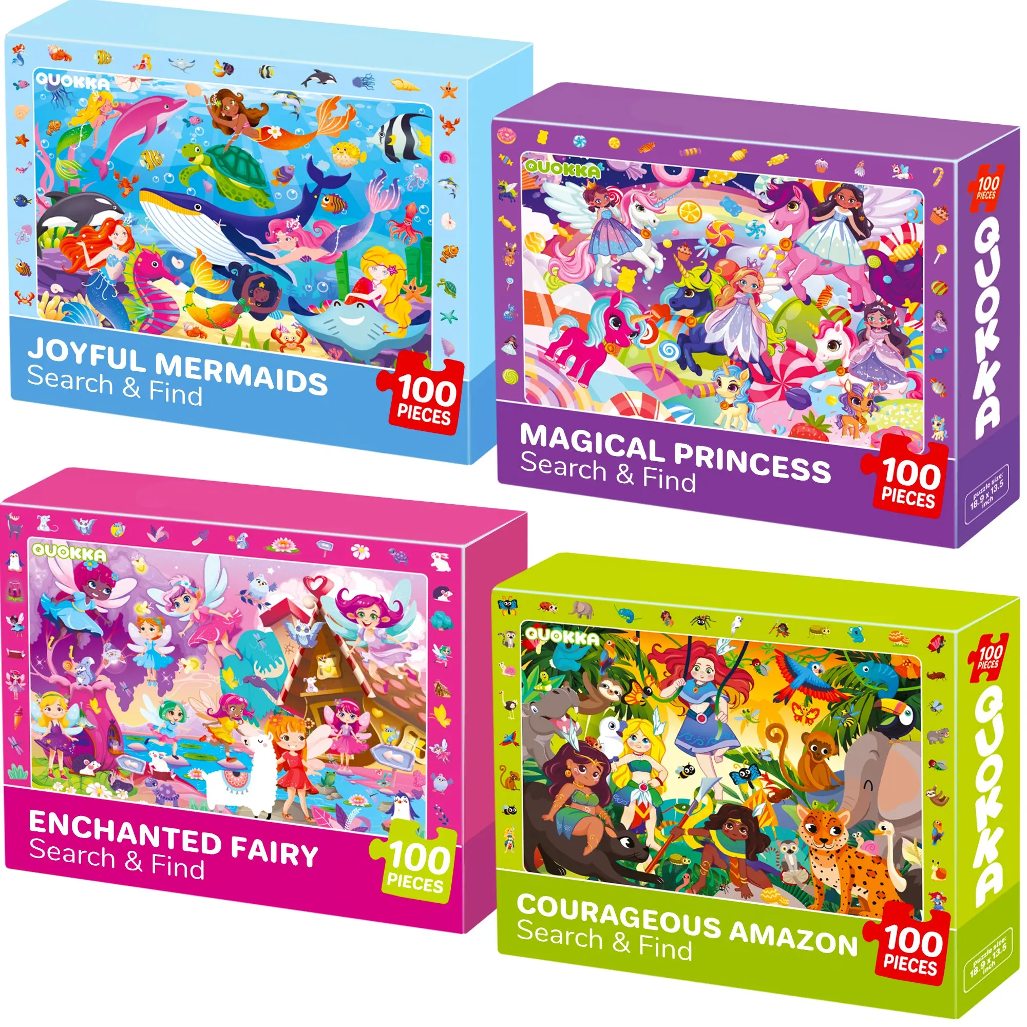 QUOKKA 4-Set Developmental Jigsaw Puzzles (100 Pieces, 13.7 x 9.8 x 0.1 inches) for 3 Years Up & Ages 4-8 - Princess, Unicorn, Mermaid, Fairy Designs with Search & Find Game