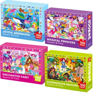 QUOKKA 4-Set 100-Piece Developmental Jigsaw Puzzles for Ages 4-8 - Princess, Unicorn, Mermaid, Fairy Designs with Search & Find Game, Pieces Jigsaw Puzzles