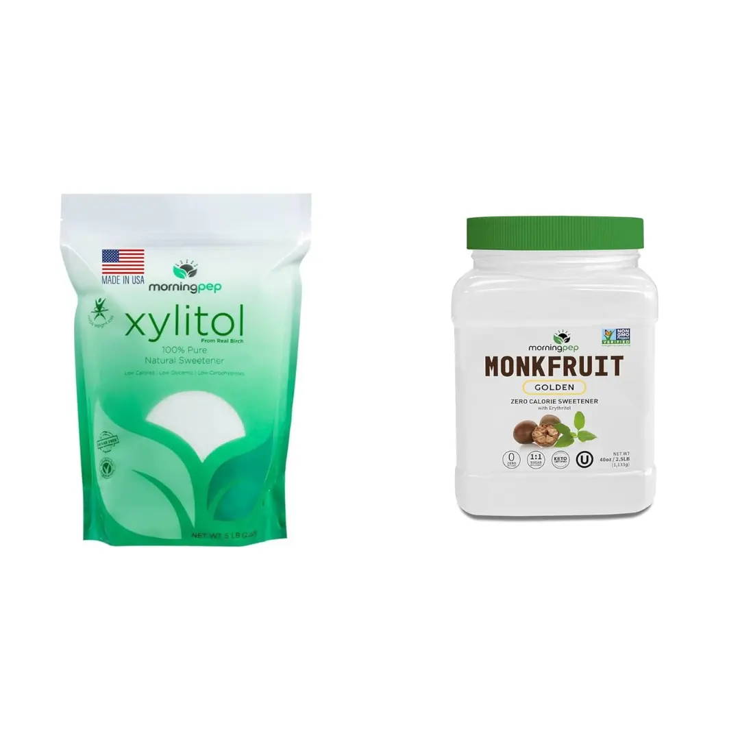 Morning Pep Pure Birch Xylitol Sweetener with no Aftertaste 5 LBs and Morning Pep Monk Fruit Sweetener, golden Sugar Substitute, 2.5 lb