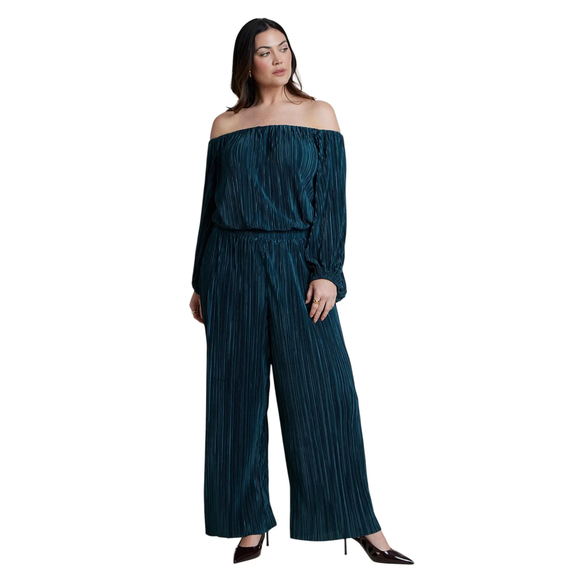 ELOQUII Women's Plus Size Off The Shoulder Plisse Jumpsuit