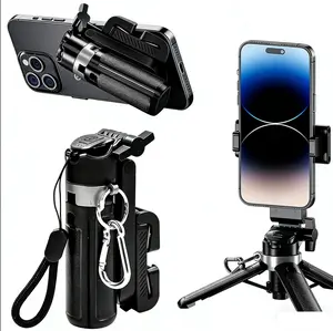 Mini Selfie Stick Tripod with Detachable Remote, 4 in 1 Portable Phone Handle Grip, Short Phone Tripod for Vlog Livestreaming Photography (Black)