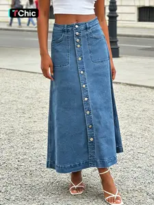 Blue High-Waisted Casual Long Skirt, Loose-Fitting Denim Button Midi Dress, Spring & Summer Fashion, Perfect for Daily Wear