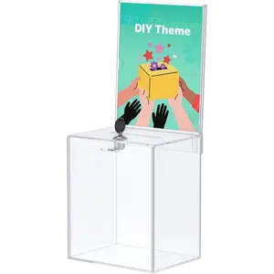 Tall  Donation Box for Fundraising, Clear Suggestion Box with Slot and Lock, Ballot Boxs with Sign Holder, Plastic Storage Container for Voting Charity Tip Collection, 6.7" x 5" x 8"