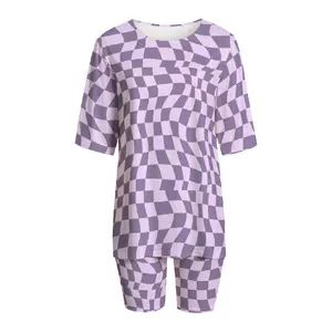 Women's Fashion Lavender Wavy Checkerboard 2-Piece Lounge Set, Retro Matching Biker Short Set, Plus Size Friendly Casual Everyday Clothes Womenswear Colorful