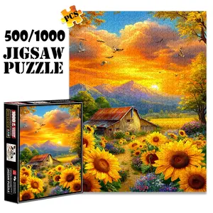 1pc 1000 piece adult puzzle 70x50cm Sunset Farm with Sunflowers, Barn and Flying Birds 500 pieces paper jigsaw puzzle suitable for DIY creative games for adults and families, birthday and holiday s Crafts