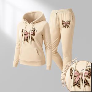Women's Leopard Bow Print Hoodie And Drawstring Track Pants Set, Casual Sportswear, Long-Sleeved Hooded Jacket And Pants, Suitable For Autumn And Winter, Everyday Wear, Indoor And Outdoor Sportswear, Sportswear Set, Casual Sportswear.