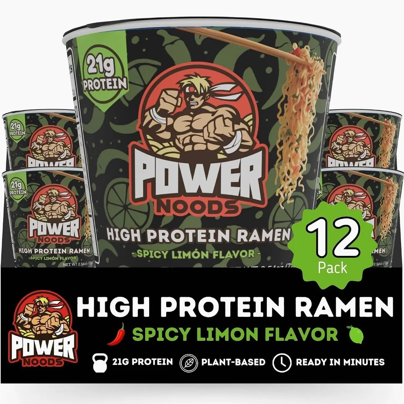 Power Noods High Protein Ramen Noodles - 12 or 6 Pack | Protein Ramen Cups for Lunch or Dinner | Better for You Plant-Based Instant Meal | Spicy Limon