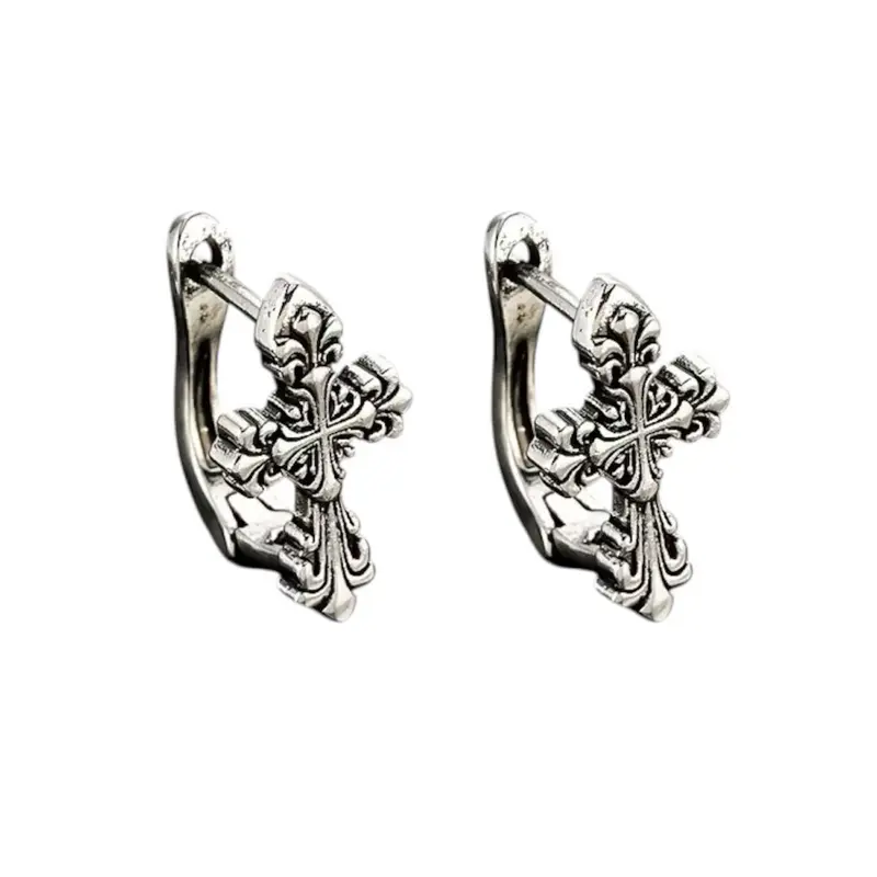 Vintage Cross Hoop Earrings for Men Women Streetwear Hip Hop Punk Unisex Style
