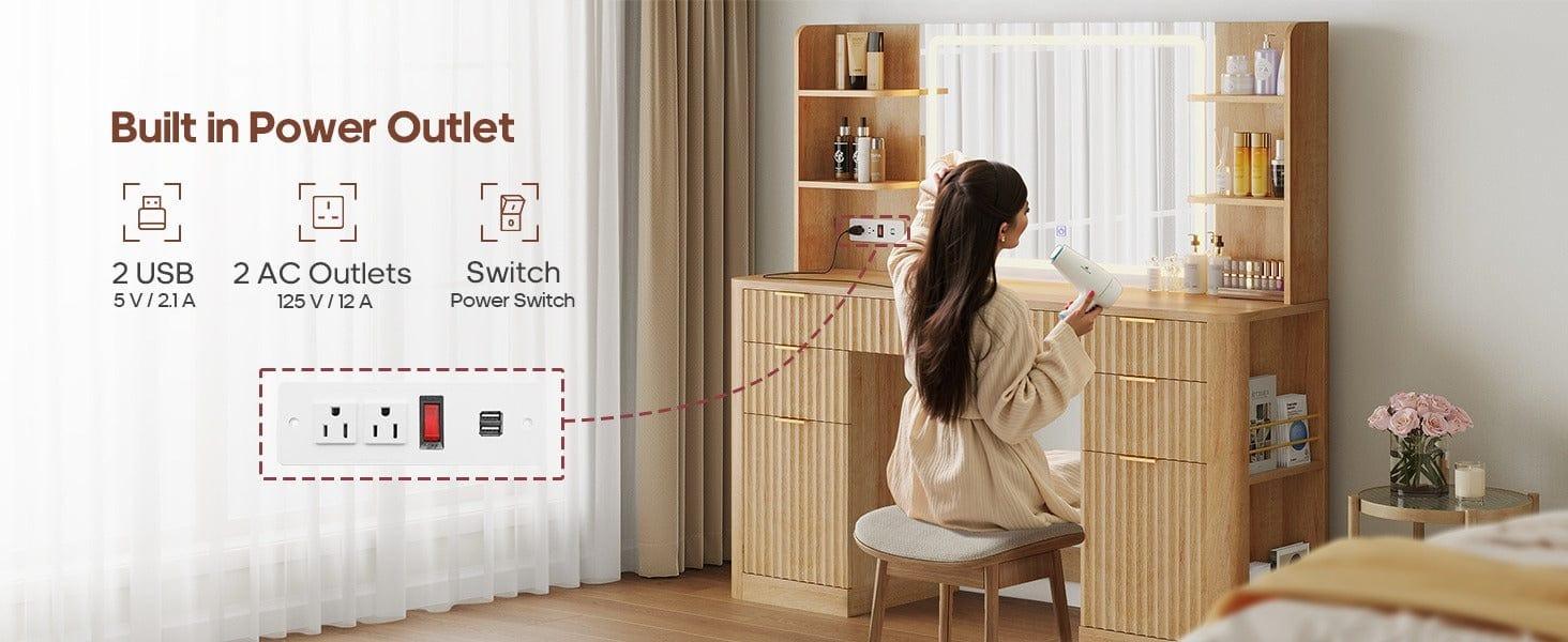 Sikaic 51.2" Fluted Makeup Vanity Desk with 30.3" Lighted Mirror, 5 Drawers, 6 Open Shelves & 2 Cabinets, Power Strip Included, Modern Oak Dressing Table with Solid Wood Legs for Bedroom