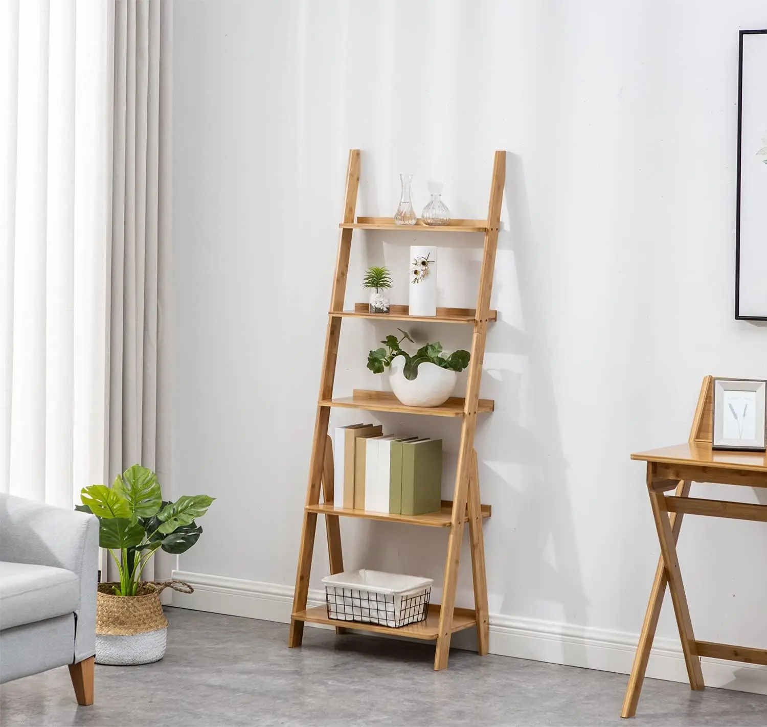 Ladder Shelf, 5-Tier Leaning Shelf, Free Standing Organizer Storage Shelves, Storage Rack Shelf for Office, Living Room, Nature
