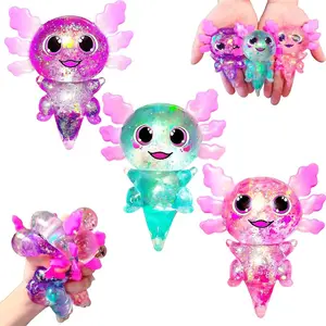 3Pcs Axolotl Squishy Stress Balls, Cute Slow Rising Glitter Sensory Toy, Sugar Filled Squeeze Balls for Kids Adults, Anxiety Relief Therapy Classroom Fidget, Calming Decompression Set