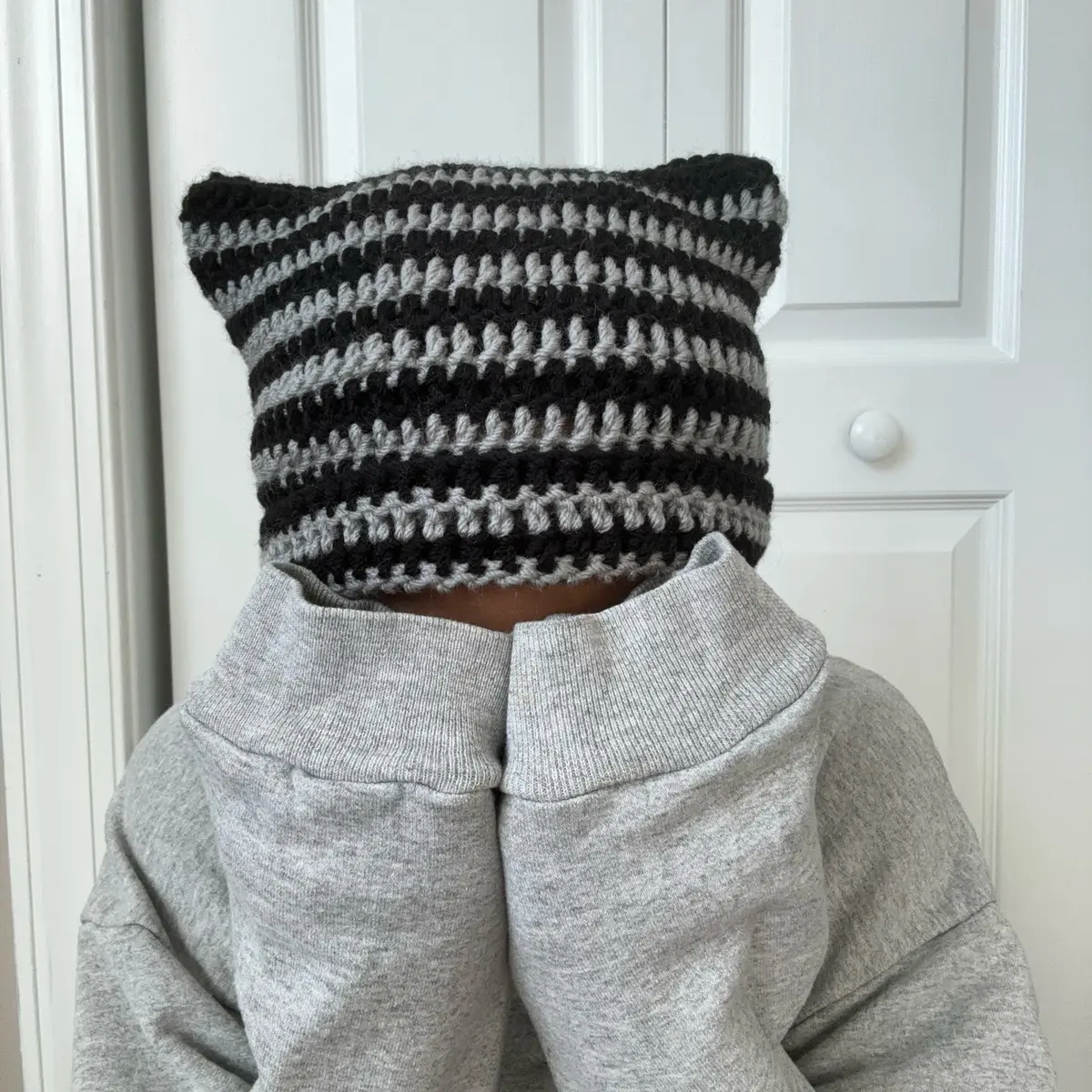 Striped Black and Grey Cat Beanie | Handmade Crochet