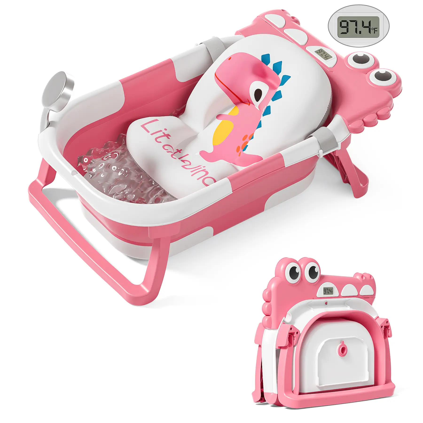 Bobike Collapsible Baby Bathtub for Infants to Toddler with Real-Time Temp Monitor, Floating Cushion, Foldable Applicable 0-36 Months, Portable Travel