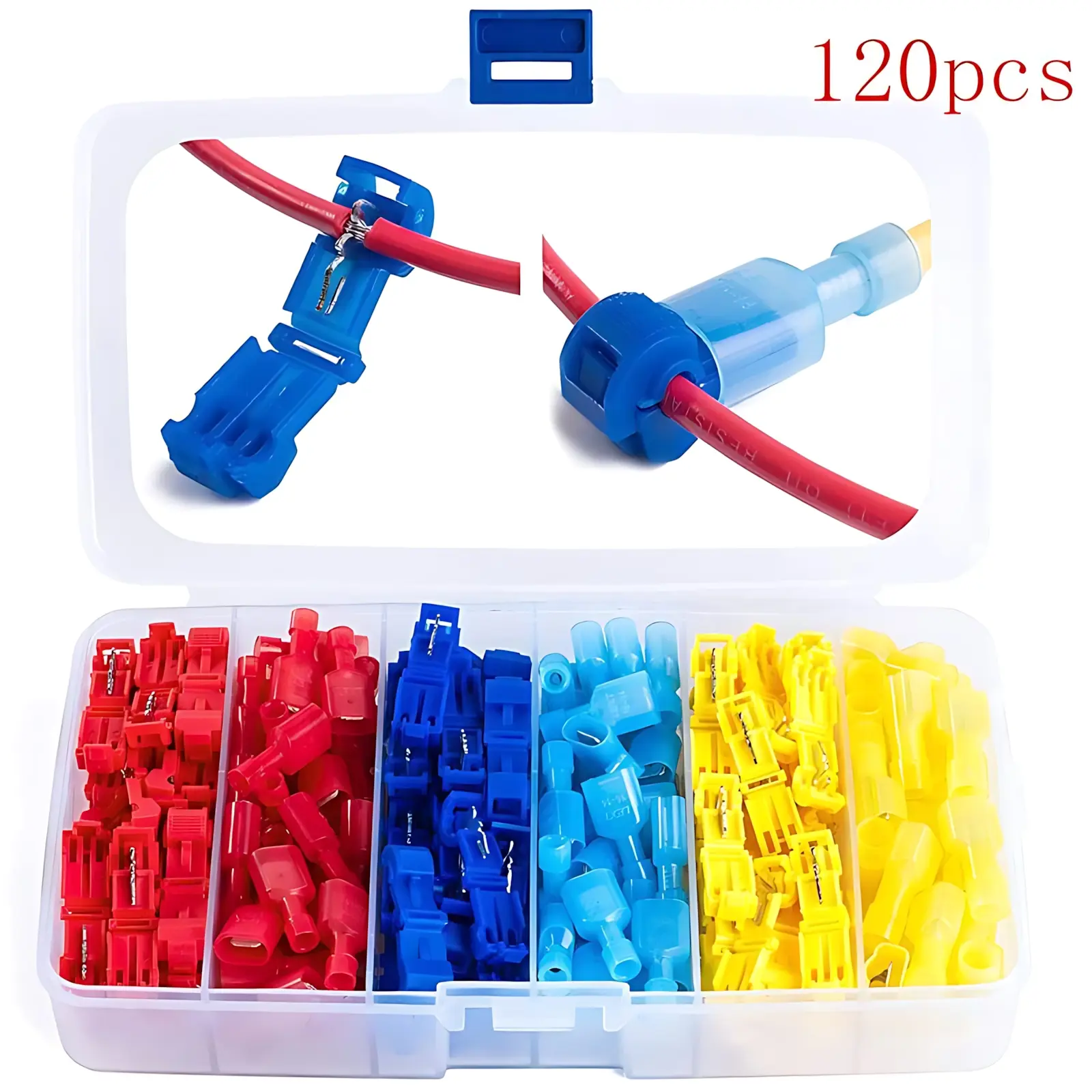 Quick Cable Connector, 120-Pcs Snap-Lock Wire Terminal Crimp T-Tap Connector Assortment Kit, Power Tool Accessories for Fast No-Strip Splicing, DIY Auto Wiring, LED Light Bars, Speaker Install, Car Repair, Garage and Home Electrical Fix