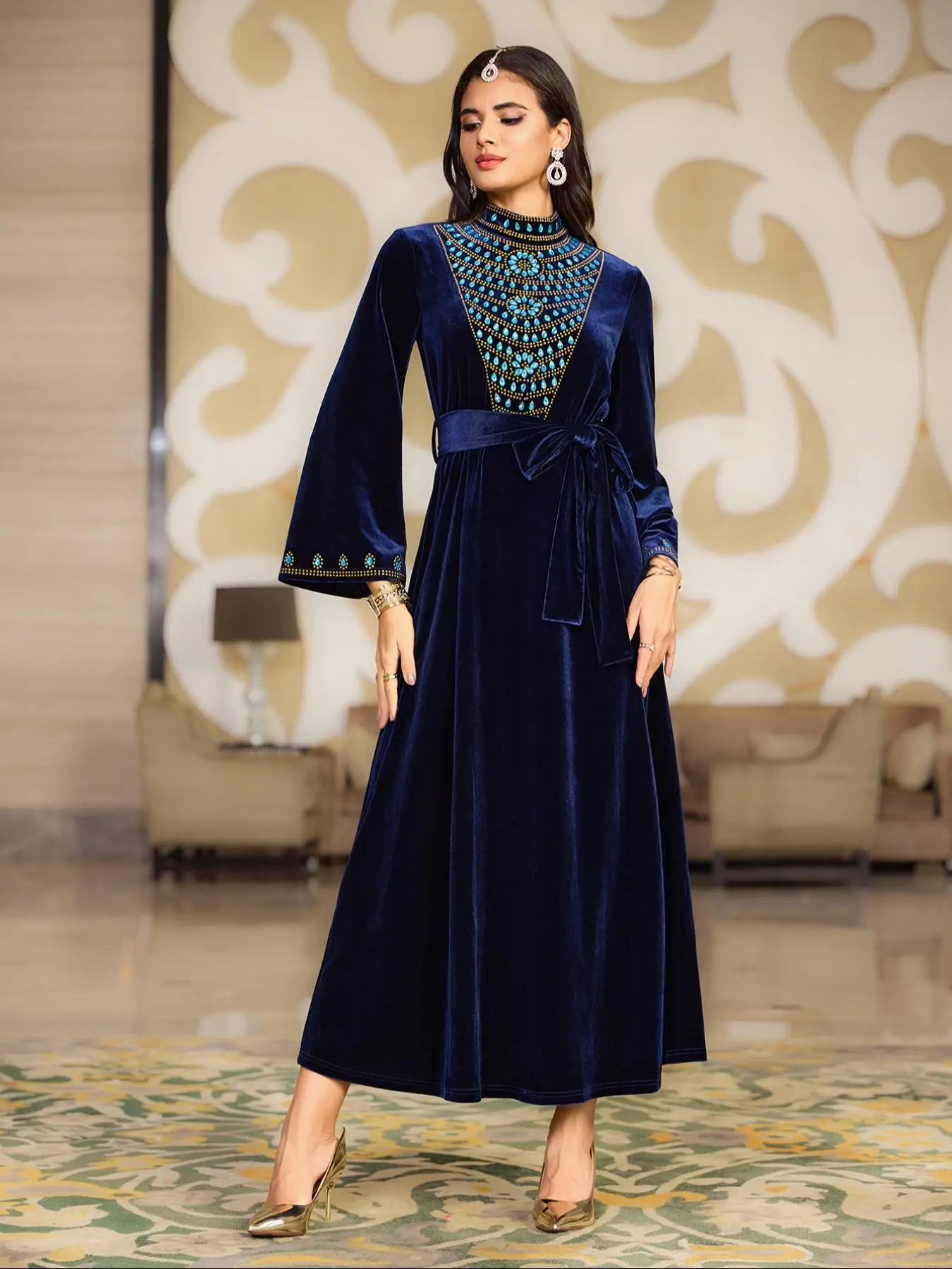 Arabic Clothing-Women's Rhinestone Decor Belted Velvet Arabian Dress, Elegant Long Sleeve Mock Neck A Line Dress for Party Holiday Wedding Guest, Wome