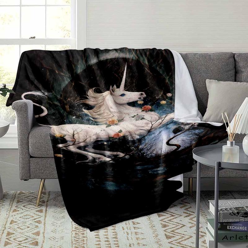 Fantasy Unicorn Flannel Fleece Throw Blanket Elegant White Horse Rose Floral HD Print Mystical Aesthetic Ultra Soft Non Shedding Warm Cozy Sofa Bedroom Living Room Decor Gift