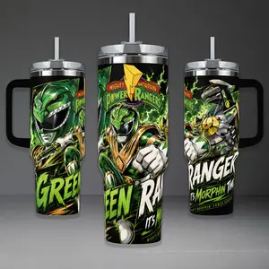 Green Ranger Tumbler, Mighty Morphin Power Rangers 40oz Cup with Handle, Dragonzord Legacy 20oz Stainless Steel Travel Mug, 90s Nostalgia Fan Gift, Green Ranger Inspired Insulated Tumbler Featuring Epic Lightning Design.