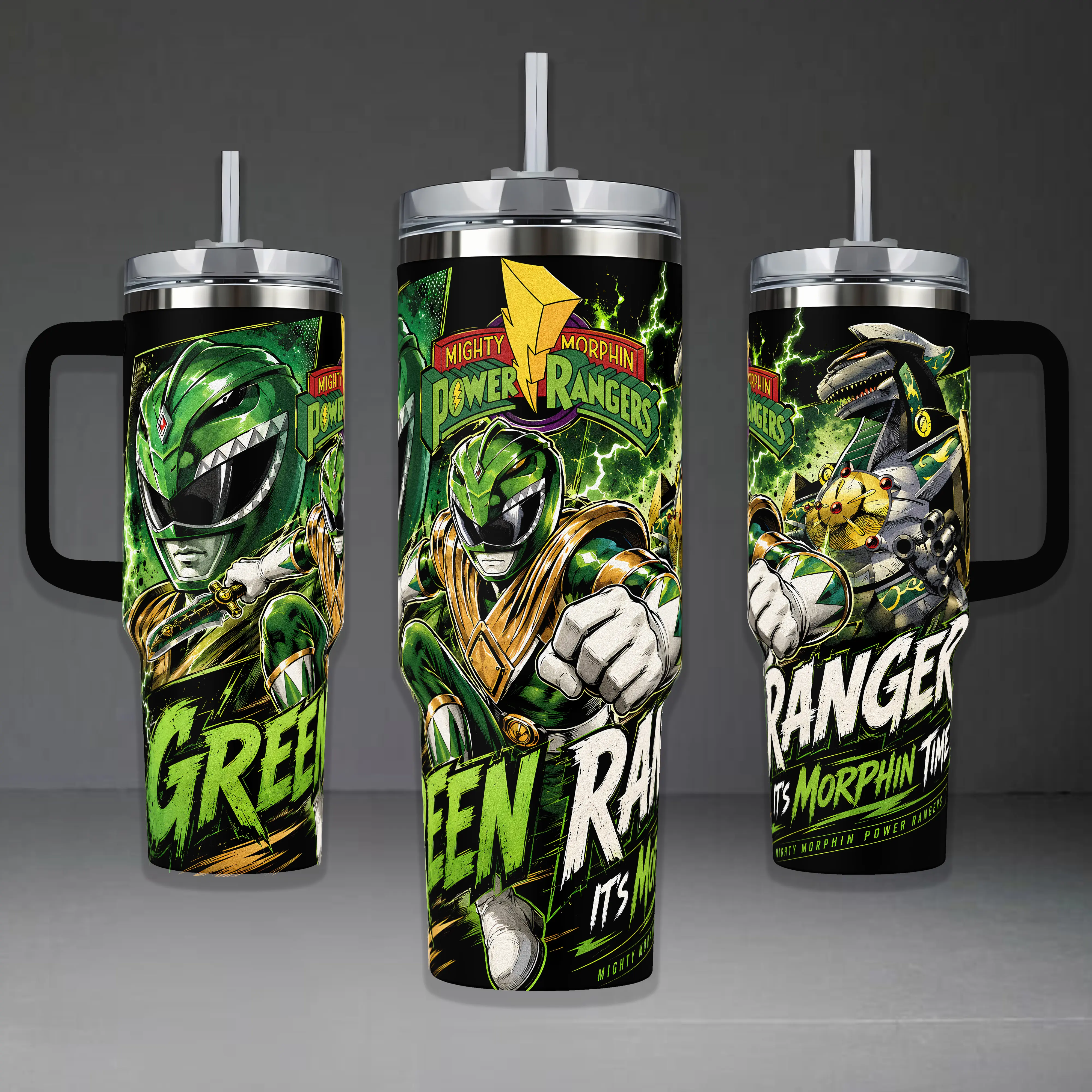 Green Ranger Tumbler, Mighty Morphin Power Rangers 40oz Cup with Handle, Dragonzord Legacy 20oz Stainless Steel Travel Mug, 90s Nostalgia Fan Gift, Green Ranger Inspired Insulated Tumbler Featuring Epic Lightning Design.