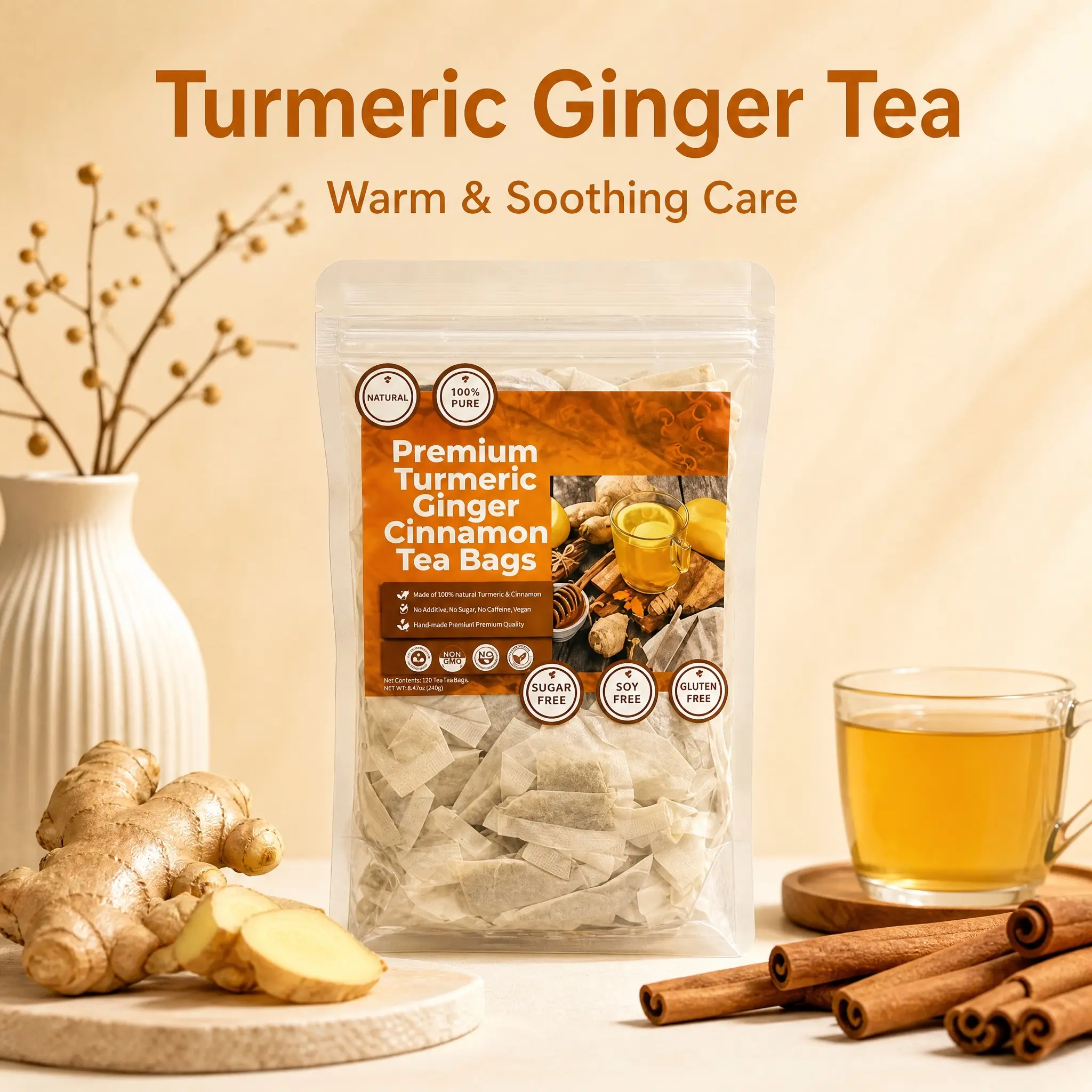 120 Tea Bags Turmeric Herbal Tea, Ginger Cinnamon Blend, 240g, Stringless Paper Filter Bags for a Daily Tea Ritual first harvest