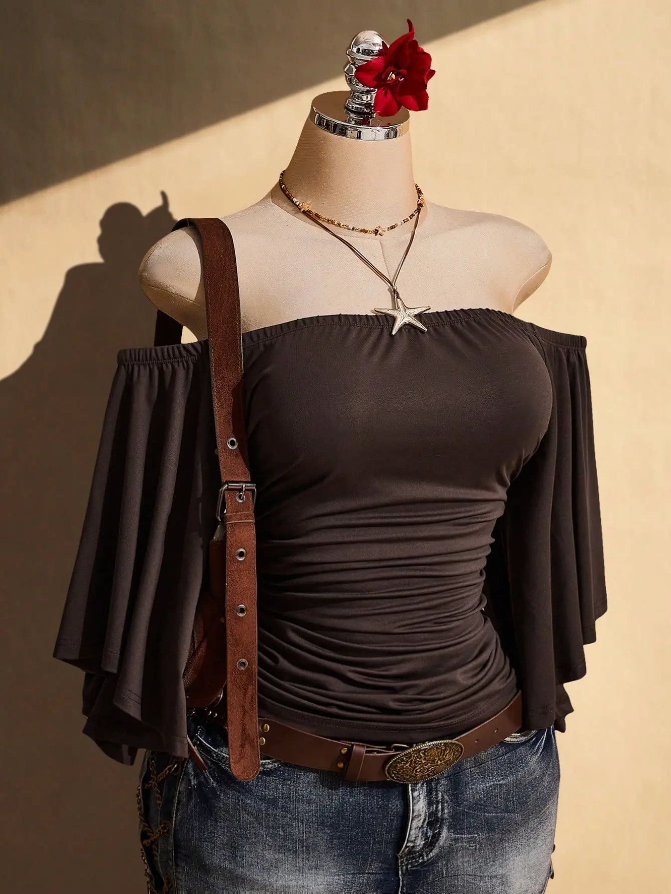LALUZ Ruffled Sleeves Off-Shoulder Top Plus Size Women's Brown Retro Sexy Casual Y2K Bohemian Vacation Gathered Waist Slim Fit