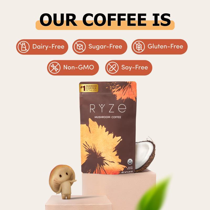 2X RYZE Mushroom Coffee USDA Organic with 6 Adaptogenic Mushrooms and MCT Oil, USA Grown Instant Coffee for Better Energy, Focus, Digestion, Immunity with Turkey Tail, Shiitake, Lion's Mane, 60 Servings
