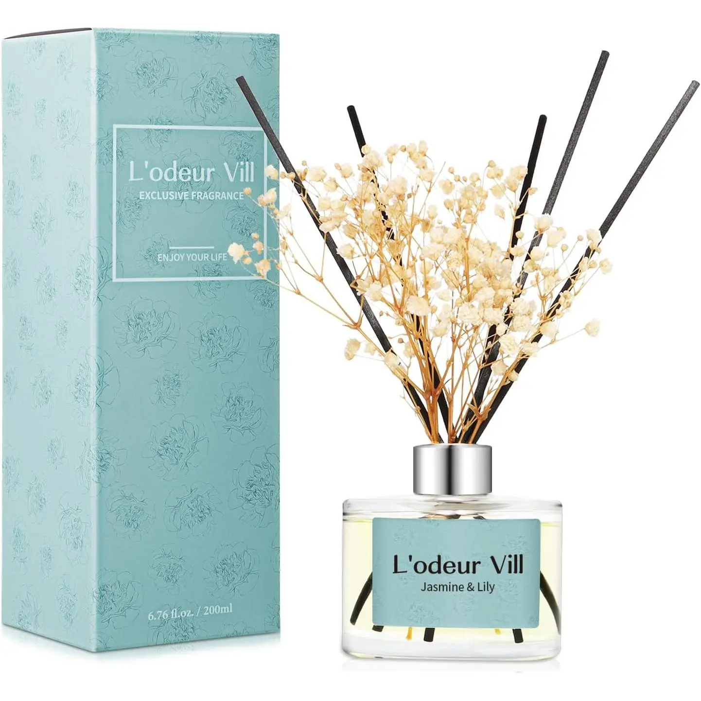 L'odeur Vill Reed Diffuser Set, 6.7 oz(200ml) Jasmine & Lily Scented Diffuser with 6 Oil Diffuser Sticks, Home Fragrance Essential Oil Reed Diffuser for Home Large Rooms Bathroom Shelf Decor