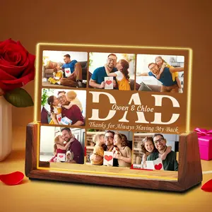 Personalized Christmas Gifts for Dad from Daughter Son Kids, Custom Dad Acrylic Picture Walnut Frame with LED Warm Night Light, Customized Fathers Day Birthday Gifts for PAPA DADA
